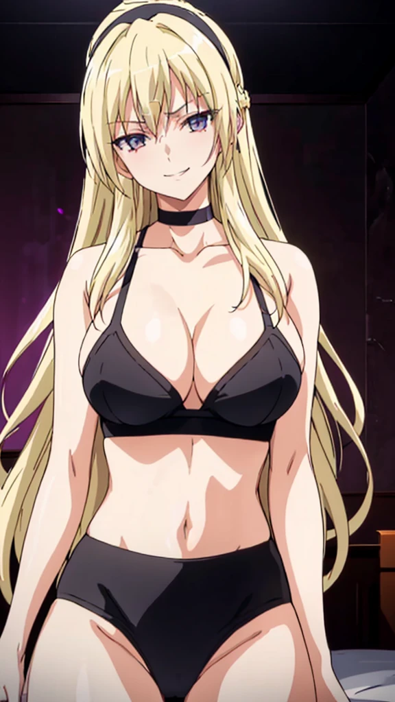  erotic 、 Margarita Vazquez Homura、 tall、Big Breasts、Blonde、Black sports bra　 sportswear、 choker、Evil Warrior、 sexy pose、 wicked smile、lure、Alluring、Pink wall、Dark bedroom at night、Fall into Darkness、Fallen into evil、Open your mouth slightly