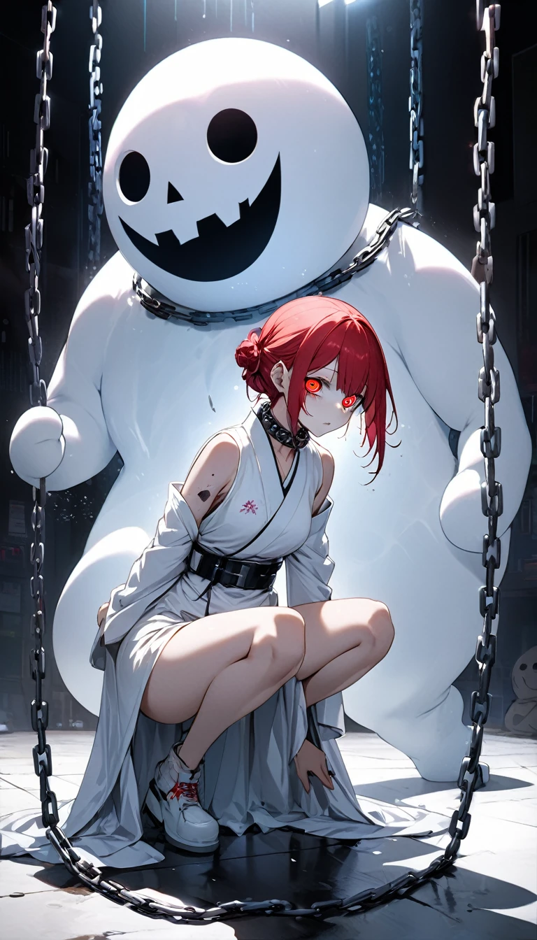 to-ka( tokyo ghoul ), ishida sui, water color, amazing, detailed glowing odd eyes, red and white clothes, half cyborg body, studio lighting, cyberpunk, young girl, white and red hair, odd eyes, killer machine, foggy atsmophere, summoning a gigantic ghostly snowman and skeleton from the ground, (straddle the gigantic ghostly snowman:1.2), Toyko Ghoul, BREAK Highest Quality, Highest Resolution, Detailed and crisp image quality, Super Retina, Adult sex appeal, melancholy, Feeling of weakness, Detailed and complex, Colorful, Transparent full color coating, Light and Dark, High Contrast, aesthetic, Full Body Shot, dynamic pose, 16K((ultra-detailed)), (humid room), (chained attaching to collar:1.2), extreme detailed, colorful, highest detailed, waki kimono odori, Swinging her chains, she goes wild, Hyakki Yagyō, depth of field