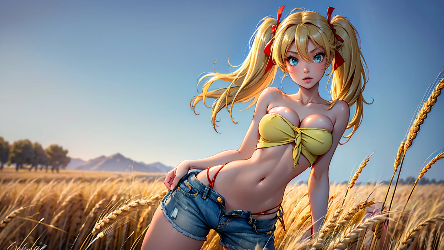 1girl, solo, (masterpiece, best quality, High Detail, 8K), blonde, long wavy hair, twintails with red ribbons in hair, dark tanned skin, extremely sexy, bikini tan, ((large breasts, busty)), ((hard nipples)),cleavage, Head to hips shot, Full body shot, cowboy shot, skinny, large green eyes, ((thin waist, small hips, long torso)), ((Dean Yeagle Style - Mandy)), wearing cutoff bluejean short-shorts and tied off button shirt, ((bright yellow shirt bursting open)), shirt tied just under breasts, country girl, ((standing in a wheat field)), farm background, wheat field,