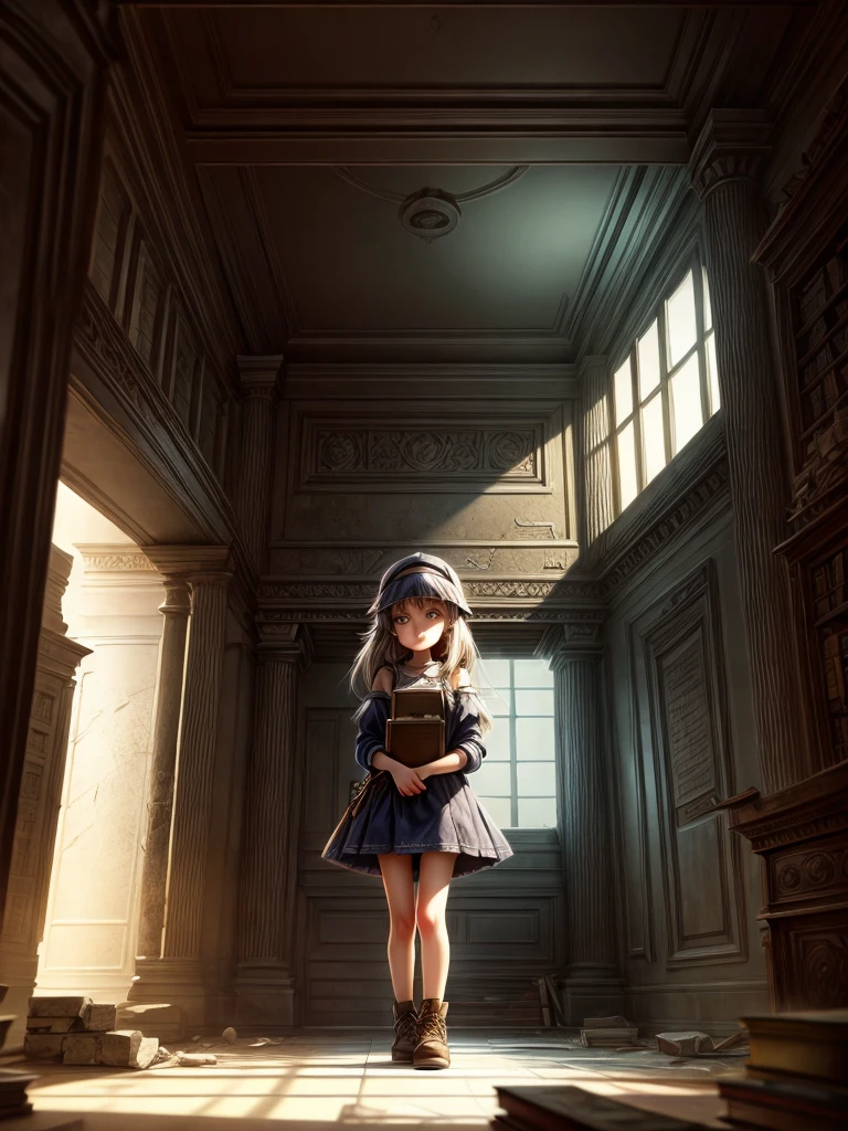 Detailed 8k girl inside a small library inside the ruins