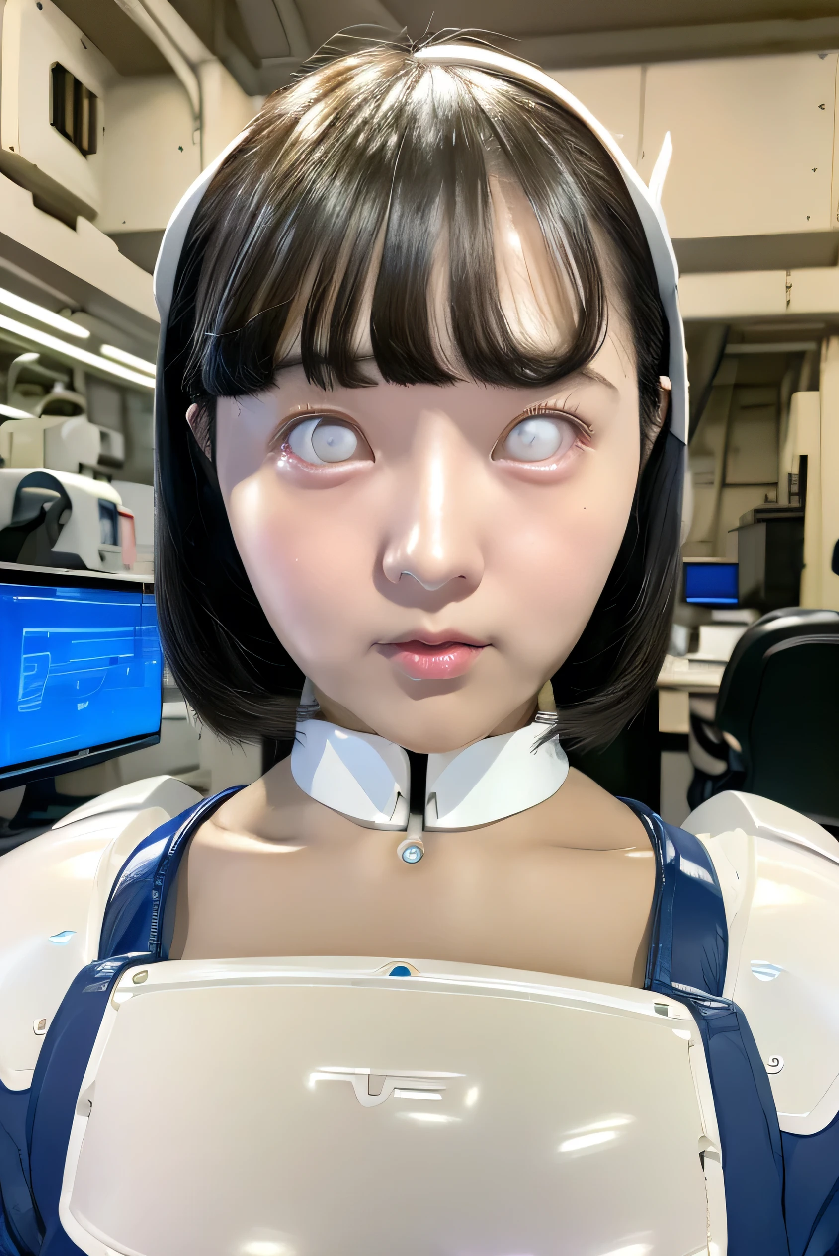 masterpiece, best quality, extremely detailed, Japanese android girl,Plump,chubby,control panels,robot arms,robot,android,cyborg,white robot body,ceramic body,perfect robot girl,blunt bangs,robot repair plant,chubby,white eyes,office-lady