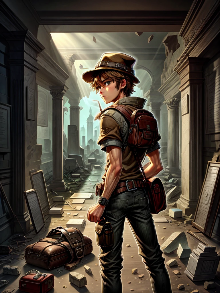 Detailed 8k boy with bag on his back and frayed brown hat inside the ruins inside the ruins