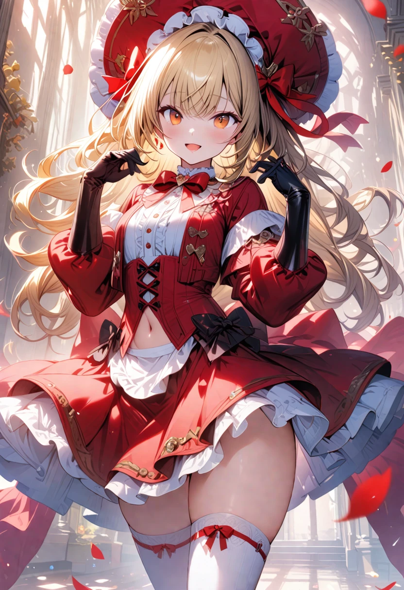 a drawing of an anime character in a red dress and boots with a large scythe, ((high end)), (UHD picture), (best quality,4k,8k,highres,masterpiece:1.2), top-quality(masterpiece), top-quality, ultra-detailed, highly detailed texture, intricate details, high quality textures, masterpiece, best quality, perfect quality, perfect anatomy, perfect body, perfect symmetrical face, 1 beautiful girl, 1 girl, alone, solo, , 10 years old, (((loli))), ((childish)), hat, white hat, blonde hair, long hair, parted bangs, drill hair, well-formed face, yellow eyes, maxi dress, red dress, dress, long sleeves, frills, long skirt, simple background, scythe, holding scythe, holding, white socks, smile, cute face, beautiful, holding scythe, from behind, to lift up one’s skirt, cowboy shot, from front, standing , raise one leg, crossed arms, arms up behind, arms behind back, hand between legs, put hands hip, one hand on hip, forward hands, arms raised in the air, punch hands, peace sign, waving, put up index finger, sit, lie down, closed eyes, lie face down, looking back, put one hand chest, leaning forward, cleavage, close up, horizontally outstretched arms, horizontally outstretched legs, front view, front face, huge breasts for short stature, cleavage is clearly visible ,G-Cup, heart hands