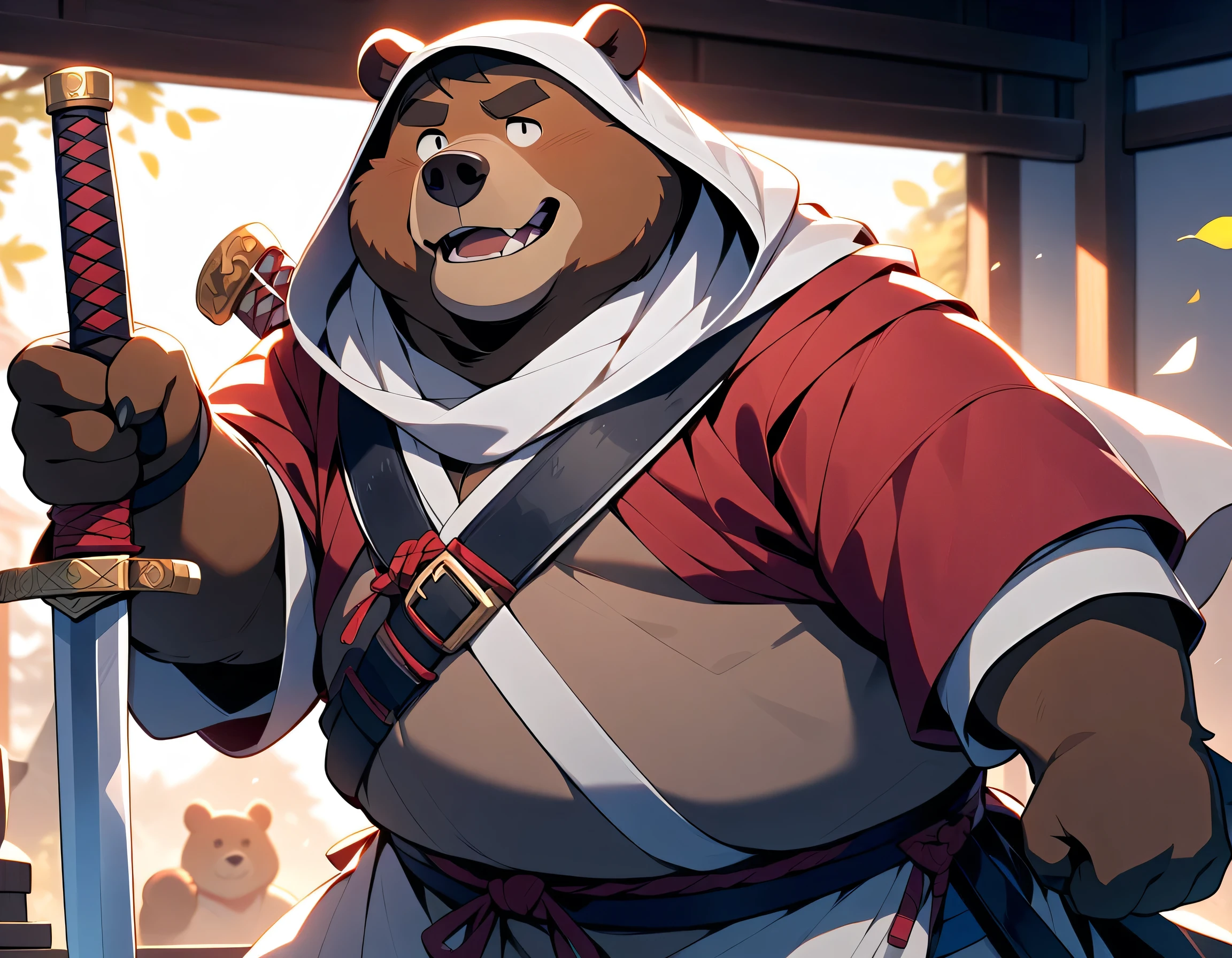 Man with a big overweight bear, masterpiece, best quality, Brandishing a sword、 so beautiful、samurai boy、、white riding hood、Wear a white headscarf