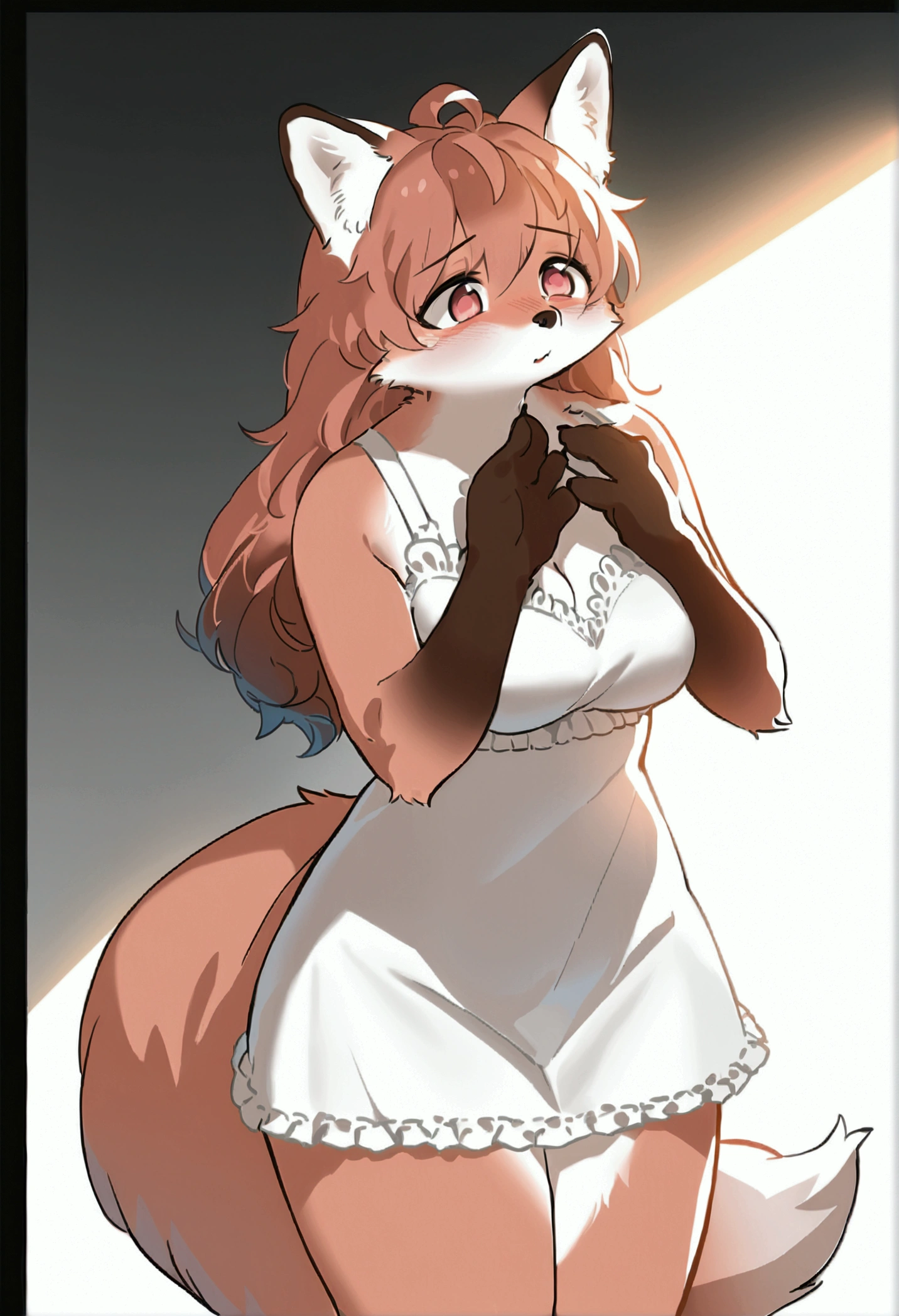 (zPDXL2), score_9_up, (fox:1.2), (solo), BREAK (female, furry, dark brown fur, shy face, happy, smiling), (long hair, cute haircut, wedding bun, wedding haircut), (curvy body), BREAK (light pink wedding dress), (wedding room), scene background, BREAK AissistXLv2, unaestheticXL_bp5, SimplePositiveXLv2, zPDXL2 PonyXLV6_Scores