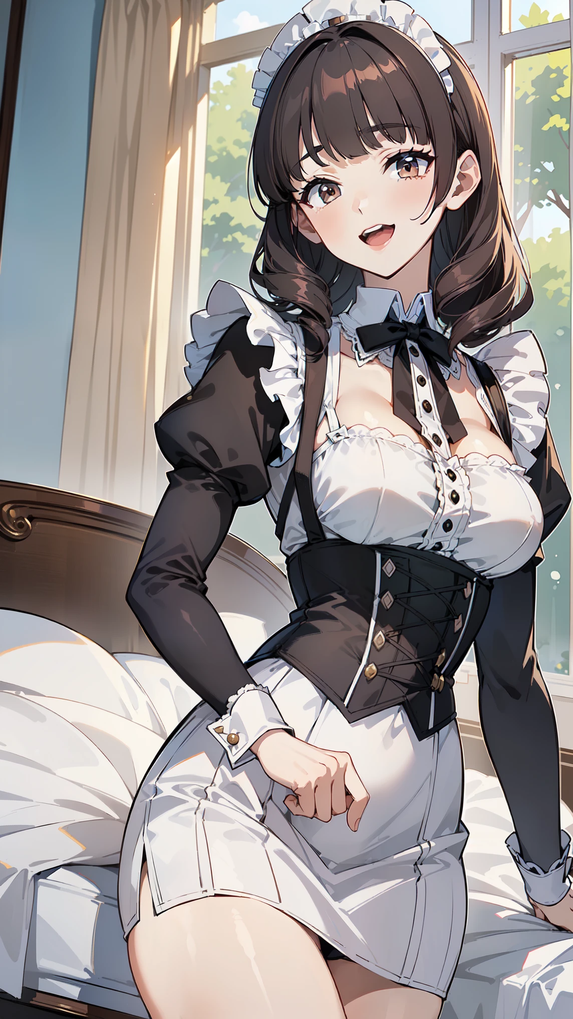 (masterpiece, best quality, ultra high quality, 1girl, solo), (((성숙한 23세 여성))), (((Her height is 159 cm.))), (((small face))), (((She has good body proportions.))), (hime cut), (black hair), (blunt bangs), (long hair that reaches the waist), (Black eyes), (big breasts:1.6), (wearing a short victorian white dress), (maid), (short victorian dress), (apron), (coffee-colored band stockings), (detailed hands), (The peaceful country mansion), (with exposed upper chest), (tempting smile), (tempting face),, (cowboy shot), (She sits on the edge of the bed in the bedroom and looks up at me.), (Orgasm), (open mouth)