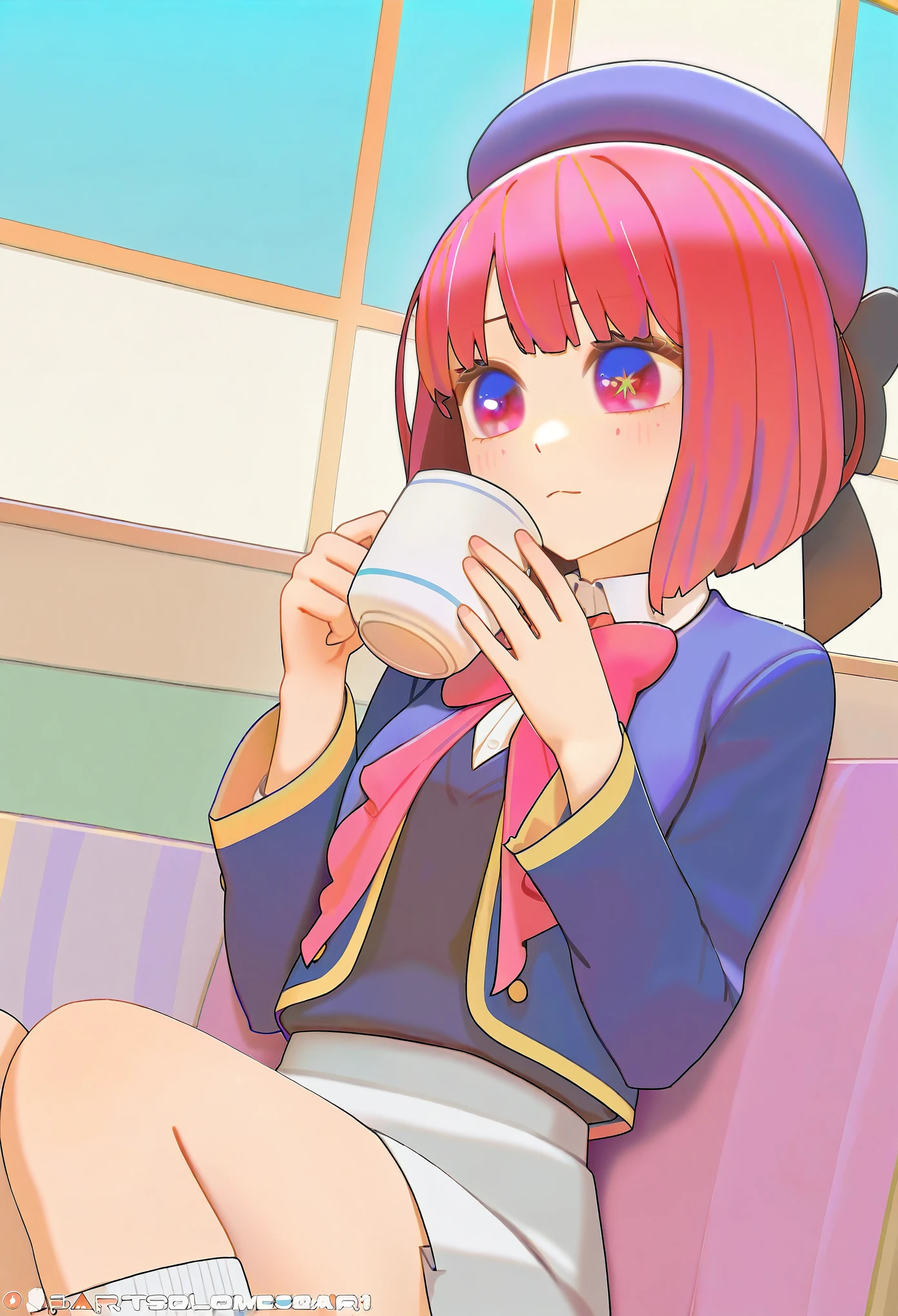 best quality, oshi no ko, 1girl, Arima Kana, solo, youtou high school uniform, beret, holding one cup of coffee, indoors, by bartolomeobari