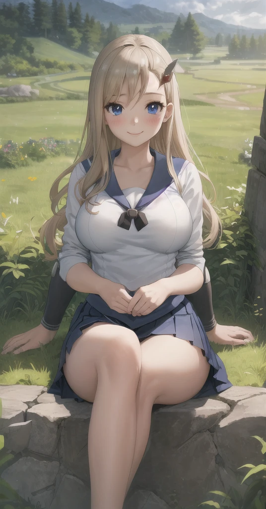 masterpiece, best quality, highres, 
RebeccaDef, 1girl, solo, looking at viewer, sitting, blue eyes, blonde hair, blush, smile, large breasts, hair ornament, long hair, breasts, 
school uniform, serafuku, seifuku, pleated skirt, bowtie, 
blush, field, grass, forest, sunlight, cloudy, rebecca bluegarden,