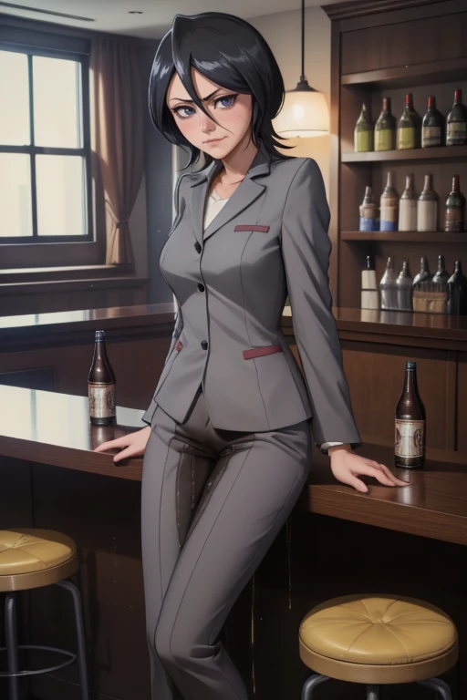 woman, ((fullbody)), solo, best quality, high resolution, distinct image, intricate_detail, highres, official art, finely detailed beautiful face, high-resolution illustration, 8k, slim, ((perfect face, evening :1.1)), (((peeing self:1.2))), ((((wetting herself:1.2)))), (((peeing herself:1.2))), (((pee stain:1.2))), ( detailed anime face:1.3), Rukia Kuchiki, ((wearing grey office pantsuit:1.4)), ((slim, tall, narrow waist:1.1)), ((at the bar:1.4, sitting on bar chair:1.7, in front of bar counter: 1.5, drinking beer:1.6, empty beer bottles on the bar counter:1.2)), (small breasts),  (short black hair,blue eyes :1.2), thin, detailed dark blue eyes, detailed face, (blush), (( looking at the viewer)), ((flirty:1.9, biting lower lip:1.9, enjoyed face:1.9, )), , (((flirty face expression:1.4))) rukia Kuchiki