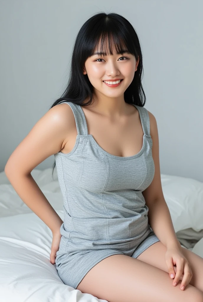 Full body shot from the front、Wearing off-the-shoulder mini one-piece pajamas, I'm sitting while looking at me while taking a pose with my knees bent and legs spread, Slender bare legs 、smile、The background is a monotone 

