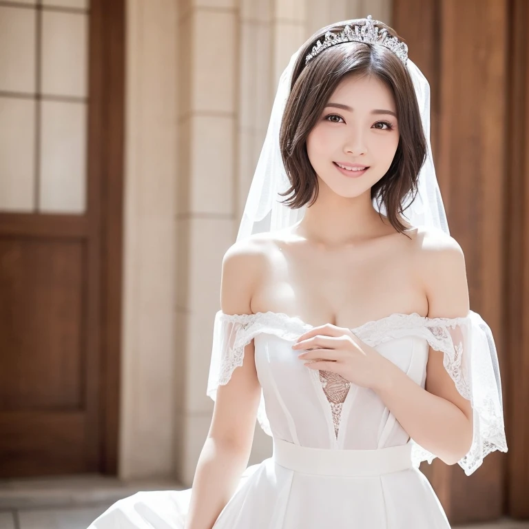( best quality: 1.5), (Realistic: 1.5), (1 person: 1.5), whole body, Advanced Details, high definition, 8k, natural colored lips, cute smile, Japanese Women, 20 year old girl, beautiful and elegant features , perfect and beautiful face, Large eyes with balanced left and right sides, Brown Eyes , beautiful and elegant features , Beautiful double eyelids, Beautiful thin nose, Beautiful Skin, white skin, (medium Bob Hair), ( naturally beautiful forehead ), Bob Hair, perfect and beautiful face, Slim face and figure, ( staring at the camera with a sweet smile ), Wear a luxury bridal tiara, ( wear a blue off-the-shoulder wedding dress), (blue wedding dress), Lace white gloves, blue bridal veil , ( skirt dress), (Stand with your feet shoulder-width apart:1.2), (Skirt Lift:1.2), Lift the hem of your skirt with your hands, ( :1.2), ( big :1.5), beautiful standing, (Beautiful ), There are large beautiful stained glass windows, cathedral, ( garter belt ), (Knee-length lace stockings with lace ),(:1.3)、