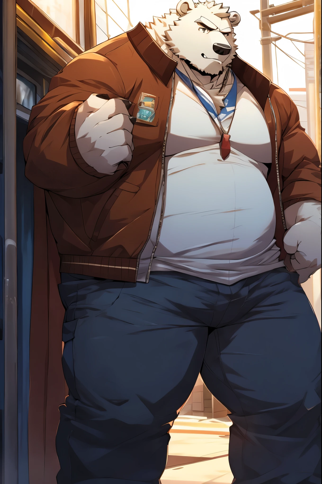 (by dramamine, by haps), mature male, eye scar, old chubby touro, (Brown fur:1.2),middle-age,((black short hair)),((facial beard)),(hi res, best quality, high quality, detailed, shaded, shading, masterpiece:1.2), detailed eyes, detailed clothing, smirk, seductive smile, hairy chest, glasses,inside office,(blue pattern boxers:1.4), (white Open shirt:1.5), (necktie removed),(black socks:1.2). Capa de revista, destaque de revista.