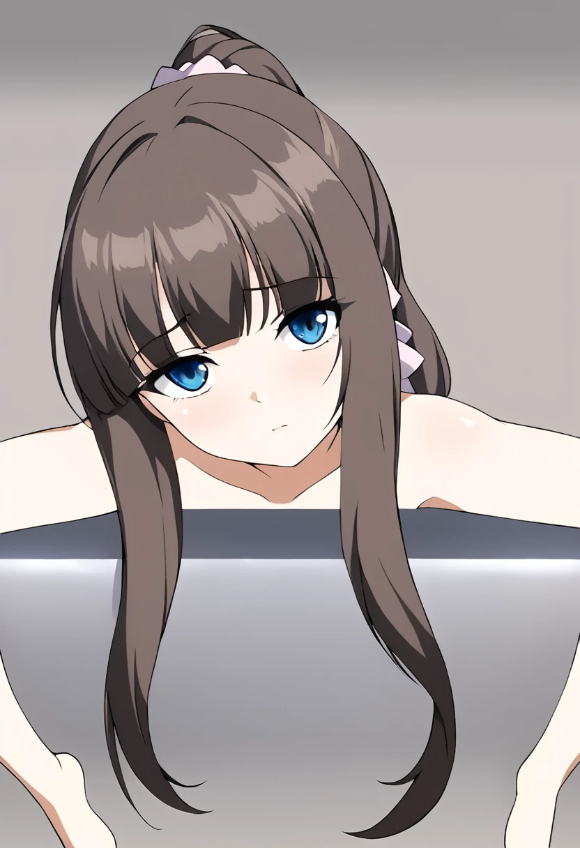 _1girl, solo, tiffa_adill (After War Gundam X),blue eyes, brown hair, long hair, blunt bangs, low ponytail, hair ornament, hair scrunchie,low ponytail, long hair,bangs, black hair, blunt bangs,big blue eyes, 　nsfw, nude, naked, 1girl, large breasts, nipple. empty eyes, crying 、whole body, amusement park, solo, Peeing, lactation, projectile lactation (Sweating profusely, Love juice, Wet Woman, female )