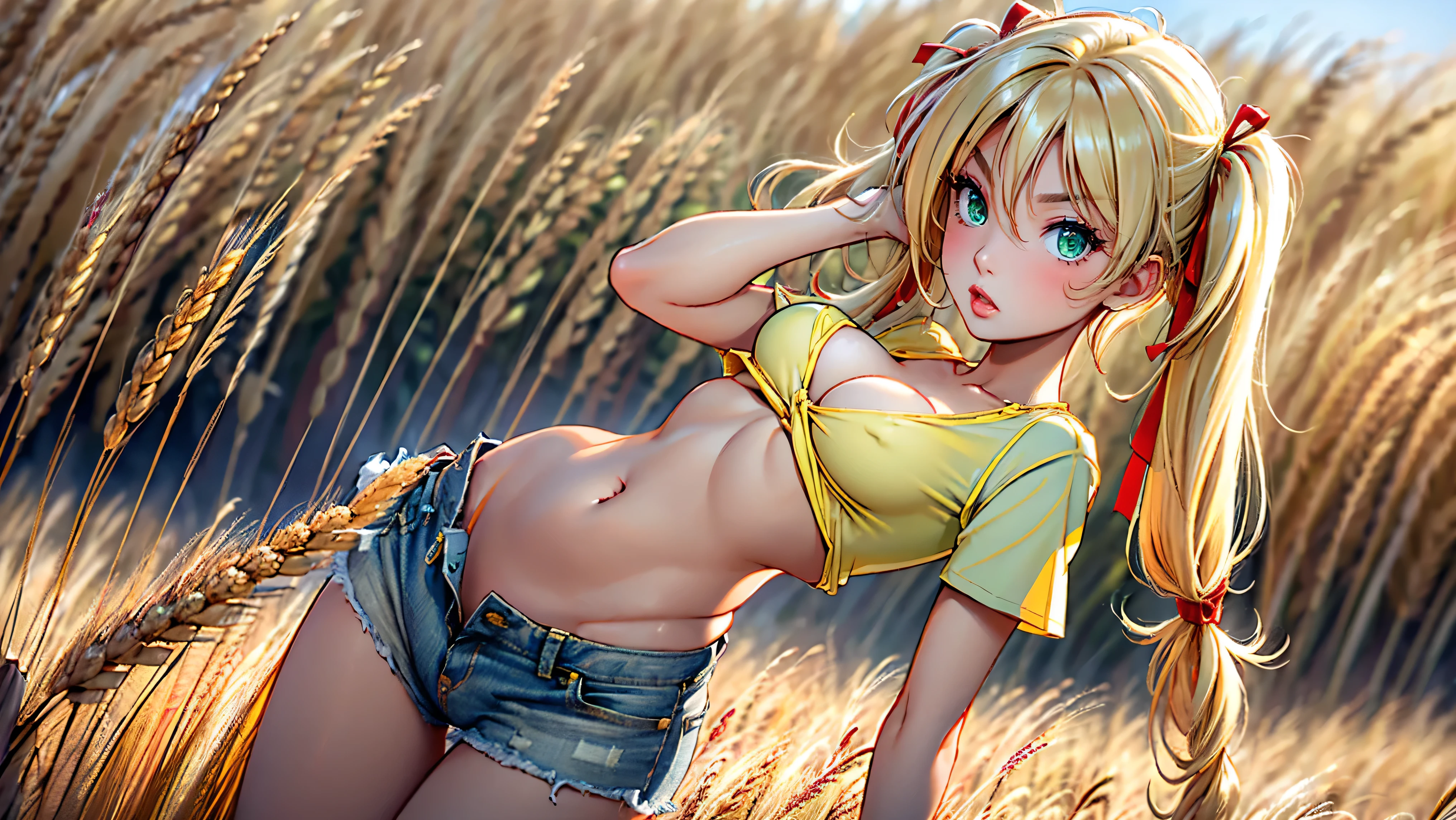 1girl, solo, (masterpiece, best quality, High Detail, 8K), blonde, long wavy hair, twintails with red ribbons in hair, dark tanned skin, extremely sexy, bikini tan, ((large breasts, busty)), ((hard nipples)),cleavage, Head to hips shot, Full body shot, cowboy shot, skinny, large green eyes, ((thin waist, small hips, long torso)), ((Dean Yeagle Style - Mandy)), wearing cutoff bluejean short-shorts and tied off button shirt, ((bright yellow shirt bursting open)), shirt tied just under breasts, country girl, ((standing in a wheat field)), farm background, wheat field,