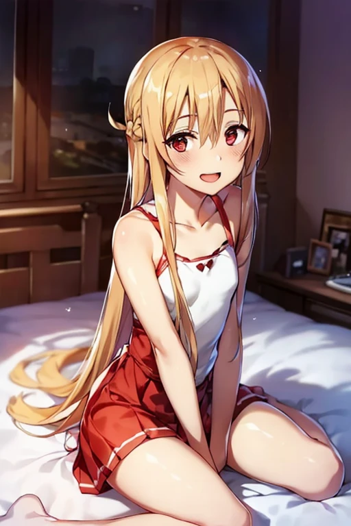 ((Best Quality)), ((masterpiece)), (be familiar with),  perfect face, indoor, bedroom,  watching viewers ,
One woman, Yuuki Asuna,
 characters with open mouth ,  ecstatic expression, blush, smile,
Small breasts,  flat chest, , ,  kids, Girl,
Long Hair,  long hair ,
Leg spread,