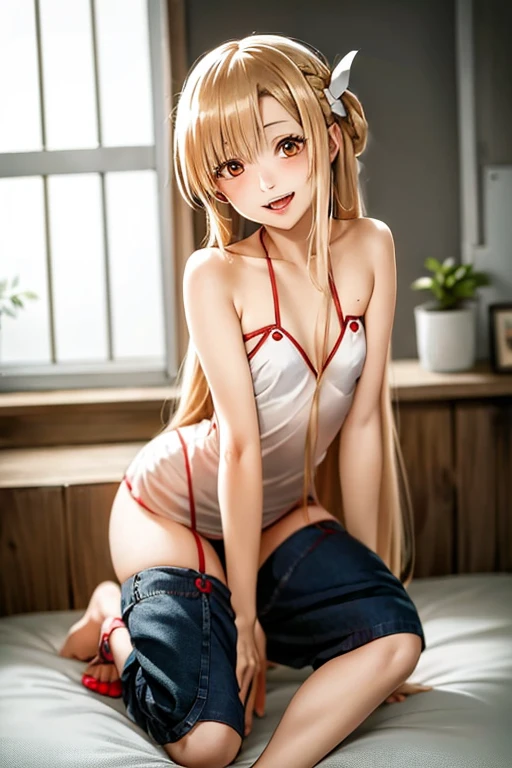 ((Best Quality)), ((masterpiece)), (be familiar with),  perfect face, indoor, bedroom,  watching viewers ,
One woman, Yuuki Asuna,
 characters with open mouth ,  ecstatic expression, blush, smile,
Small breasts,  flat chest, , ,  kids, Girl,
Long Hair,  long hair ,
Leg spread,