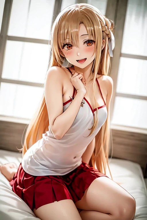 ((Best Quality)), ((masterpiece)), (be familiar with),  perfect face, indoor, bedroom,  watching viewers ,
One woman, Yuuki Asuna,
 characters with open mouth ,  ecstatic expression, blush, smile,
Small breasts,  flat chest, , ,  kids, Girl,
Long Hair,  long hair ,
Leg spread,