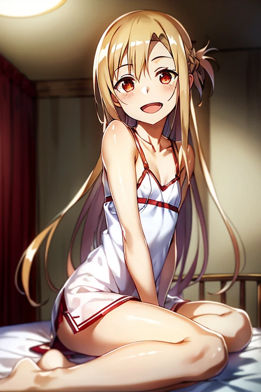 ((Best Quality)), ((masterpiece)), (be familiar with),  perfect face, indoor, bedroom,  watching viewers ,
One woman, Yuuki Asuna,
 characters with open mouth ,  ecstatic expression, blush, smile,
Small breasts,  flat chest, , ,  kids, Girl,
Long Hair,  long hair ,
Leg spread,