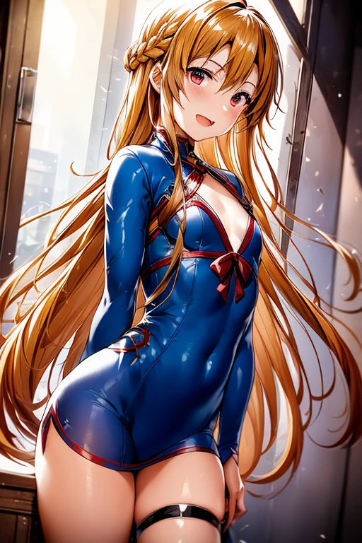 ((Best Quality)), ((masterpiece)), (be familiar with),  perfect face, indoor, bedroom,  watching viewers ,
One woman, Yuuki Asuna,
 characters with open mouth ,  ecstatic expression, blush, smile,
Small breasts,  flat chest, , ,  kids, Girl,
Long Hair,  long hair ,
Leg spread,