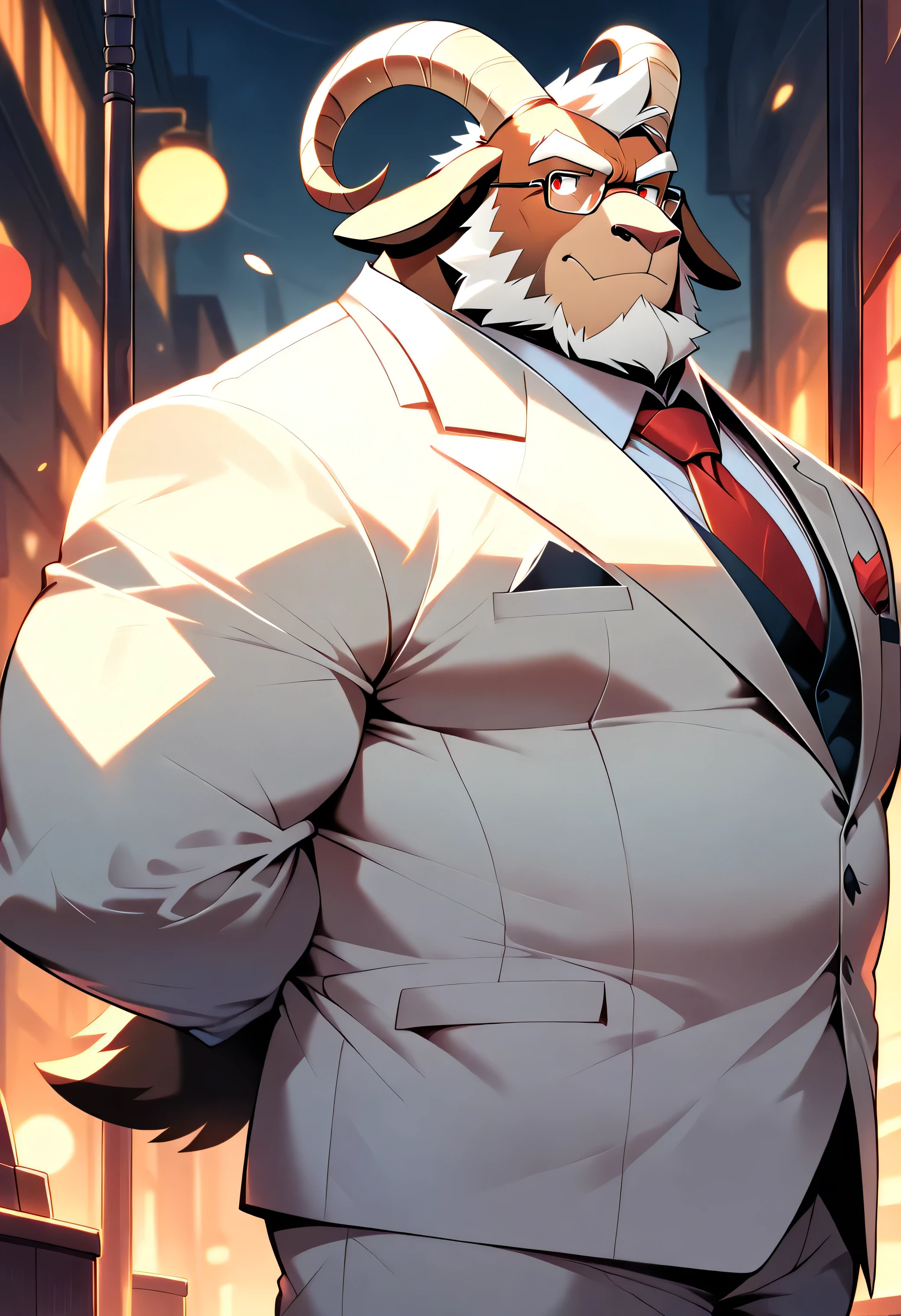Cartoon style, 2d, Furry dark brown goat, goat horn, goat ear, goat tail, White quiff, Facial hair, Beard with mustache, White beard, White mustache, Thick white eyebrows, Scarlet red eyes, Scar on nose bridge, Fat muscular man, Fat, Muscular, Dad bod, Single, Focus on upper body, Suit, Tie, Glasses, Arms behind back, Looking straight ahead, Playful look, Mischievous smile, Staring forward, Bara, Best Quality, Good Quality