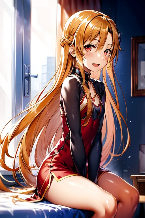 ((Best Quality)), ((masterpiece)), (be familiar with),  perfect face, indoor, bedroom,  watching viewers ,
One woman, Yuuki Asuna,
 characters with open mouth ,  ecstatic expression, blush, smile,
Small breasts,  flat chest, , ,  kids, Girl,
Long Hair,  long hair ,
Leg spread,