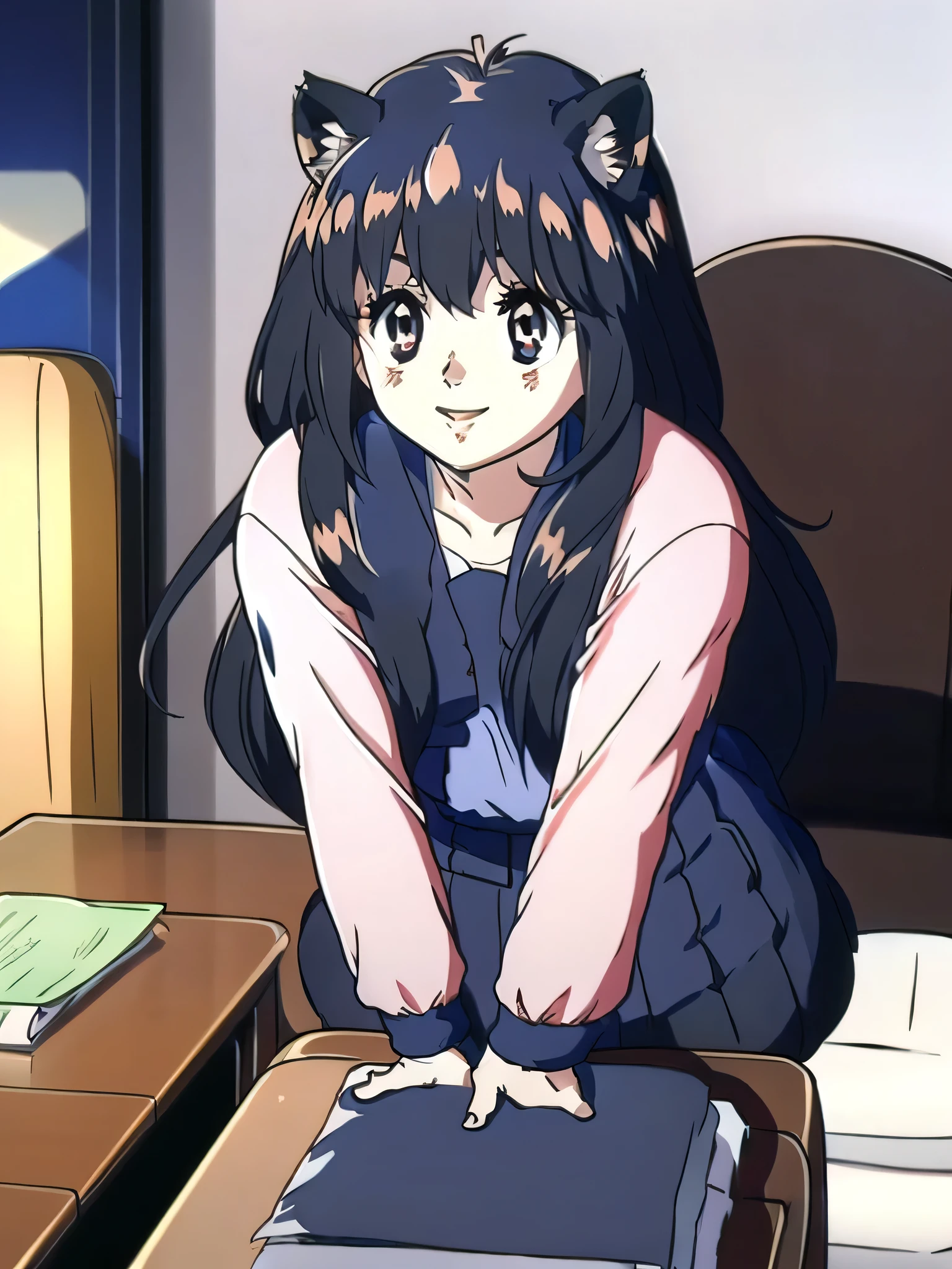 Ai shindou, long hair,floating hair, blue sea eyes, black hair, smile, cat ears, huge squirrel tail, 1girl, soro, cowboy Shot,
school in the room, sitting on her desk
masterpiece, high quality, very_high_resolution, large_filesize, full color,