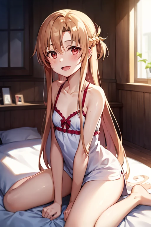 ((Best Quality)), ((masterpiece)), (be familiar with),  perfect face, indoor, bedroom,  watching viewers ,
One woman, Yuuki Asuna,
 characters with open mouth ,  ecstatic expression, blush, smile,
Small breasts,  flat chest, , ,  kids, Girl,
Long Hair,  long hair ,
Leg spread,