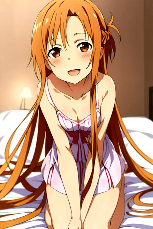 ((Best Quality)), ((masterpiece)), (be familiar with),  perfect face, indoor, bedroom,  watching viewers ,
One woman, Yuuki Asuna,
 characters with open mouth ,  ecstatic expression, blush, smile,
Small breasts,  flat chest, , ,  kids, Girl,
Long Hair,  long hair ,
Leg spread,