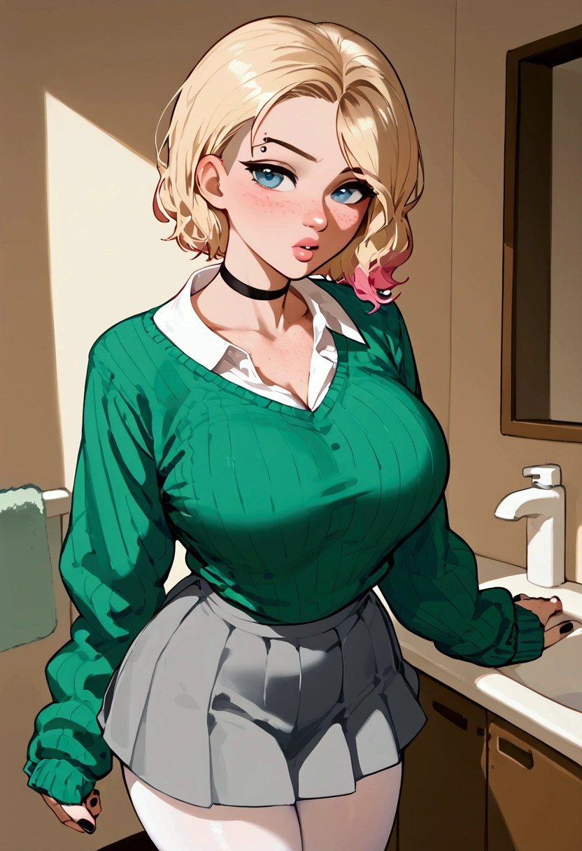 score_9, score_8_up, score_7_up, score_9, BREAK, GwenstacySDXL, 1girl,big breasts, solo, looking at viewer, blush, short hair, blue eyes, skirt, blonde hair, shirt, long sleeves, standing, collarbone, pantyhose, cowboy shot, pleated skirt, teeth, choker, collared shirt, indoors, miniskirt, medium hair, nail polish, sweater, lips, sleeves past wrists, makeup, piercing, black nails, grey skirt, freckles, white pantyhose, bathroom, green sweater, eyebrow piercing, thick lips, aroma sensei style, aroma sensei