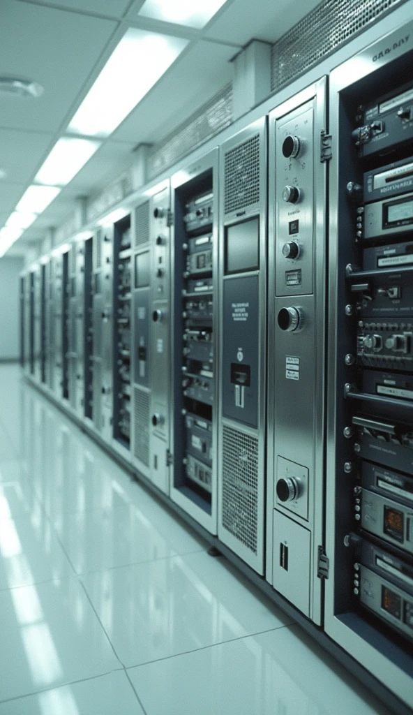 Backup equipment on tape from the 80s ,  in white computer center with heavenly lighting .  Ultra-detailed chrome details of knobs and ventilation grilles.  lyrics, cinematic. 