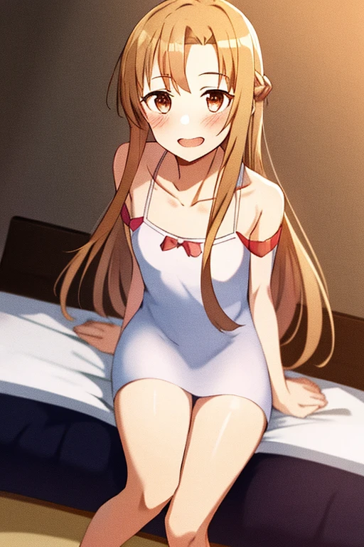 ((Best Quality)), ((masterpiece)), (be familiar with),  perfect face, indoor, bedroom,  watching viewers ,
One woman, Yuuki Asuna,
 characters with open mouth ,  ecstatic expression, blush, smile,
Small breasts,  flat chest, , ,  kids, Girl,
Long Hair,  long hair ,
Leg spread,