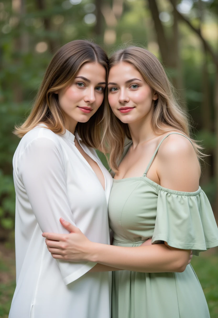 “Two beautiful women stand closely together in a serene outdoor setting with soft lighting and a blurred natural background. The first model, with waist-length chocolate brown ombré hair with blonde highlights, long brown roots, and captivating green eyes, wears an off-shoulder white blouse that accentuates her elegant neckline and fit figure with large, firm C-cup breasts. The second model has waist-length, wavy grey-blonde hair, green eyes, and also a gorgeous figure with large C-cup breasts. She wears a soft, pastel green off-shoulder dress that complements her ethereal look. The women embrace each other, exuding warmth and friendship, with their expressions gentle and inviting, as they gaze toward the camera.”