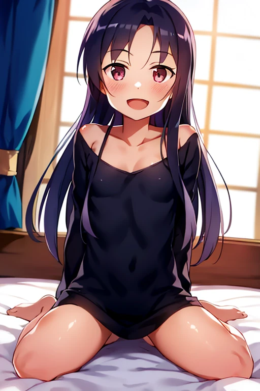 ((Best Quality)), ((masterpiece)), (be familiar with),  perfect face, indoor, bedroom,  watching viewers ,
One woman, Yuuki Asuna,
 characters with open mouth ,  ecstatic expression, blush, smile,
Small breasts,  flat chest, , ,  kids, Girl,
Long Hair,  long hair ,
Leg spread,