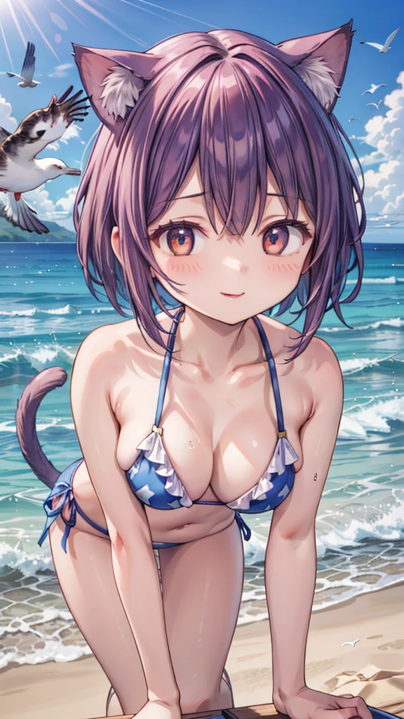 (masterpiece, ultra-detailed, best quality, clear focus, dramatic scene, cinematic), shadow, (ultra-high resolution, 8k), perfect anatomy, perfect face, (detailed face, detailed eye), cute Japanese girl, famous Japanese idol, very beautiful and cute and cool face, (wearing cute patterned low-rise bikini), dynamic pose, (at the beach in resort island:1.2), (smile), (portrait, depth of field:1.2), (she is playing with many seagulls:1.3), (holding a cat, detailed cat:1.3)