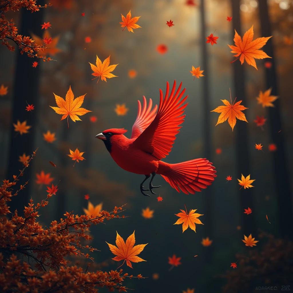 A red bird, flying in the center of the image, with colorful leaves floating around it, background in dark colors, highly detailed, high quality, 4k