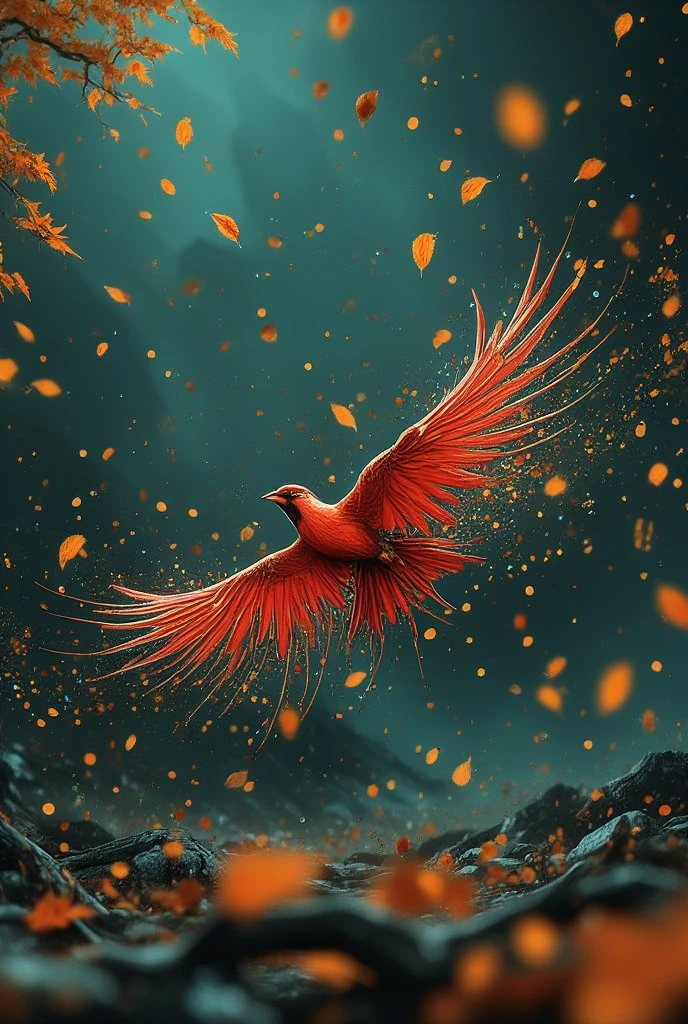 A red bird, flying in the center of the image, with colorful leaves floating around it, background in dark colors, highly detailed, high quality, 4k