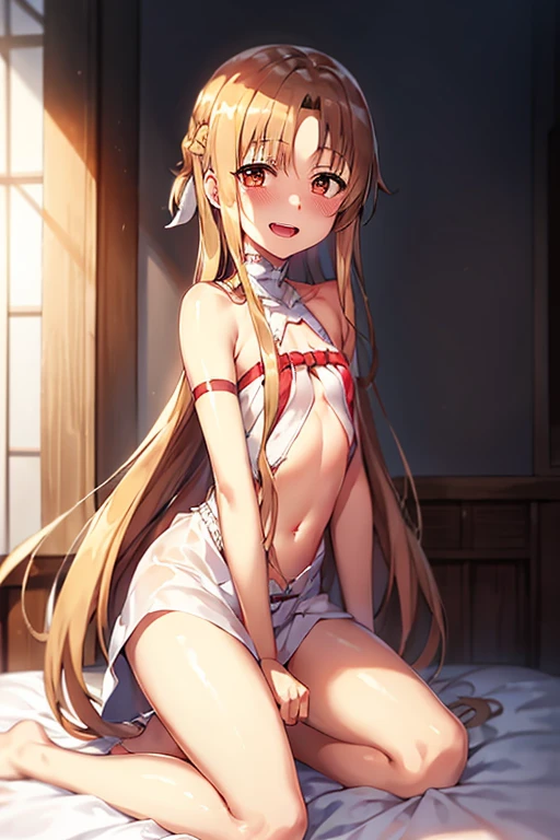 ((Best Quality)), ((masterpiece)), (be familiar with),  perfect face, indoor, bedroom,  watching viewers ,
One woman, Yuuki Asuna,
 characters with open mouth ,  ecstatic expression, blush, smile,
Small breasts,  flat chest, , ,  kids, Girl,
Long Hair,  long hair ,
Leg spread,