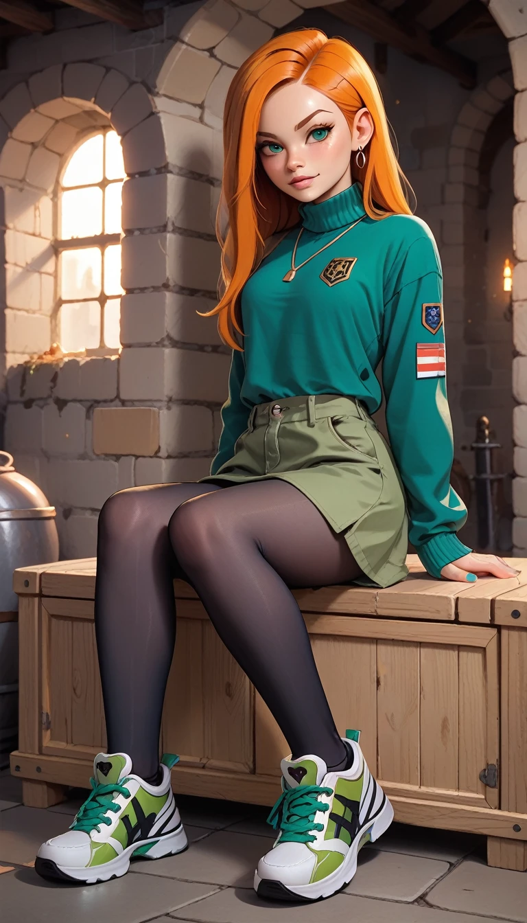 Kim Possible, Blackcut off tight sweater, extra short army green cargo skirt, (highly shiny black pantyhose:1.4), sneakers, (li:1.4), sitting in a dungeon