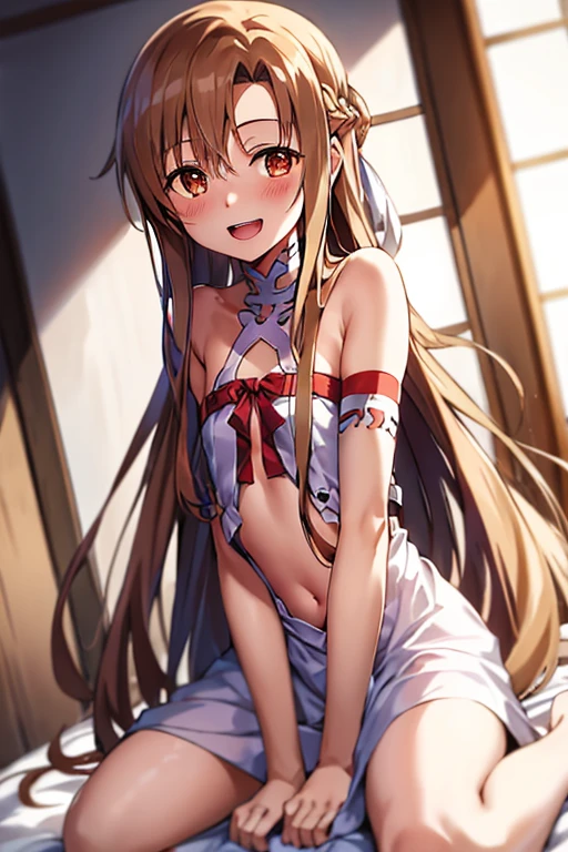 ((Best Quality)), ((masterpiece)), (be familiar with),  perfect face, indoor, bedroom,  watching viewers ,
One woman, Yuuki Asuna,
 characters with open mouth ,  ecstatic expression, blush, smile,
Small breasts,  flat chest, , ,  kids, Girl,
Long Hair,  long hair ,
Leg spread,