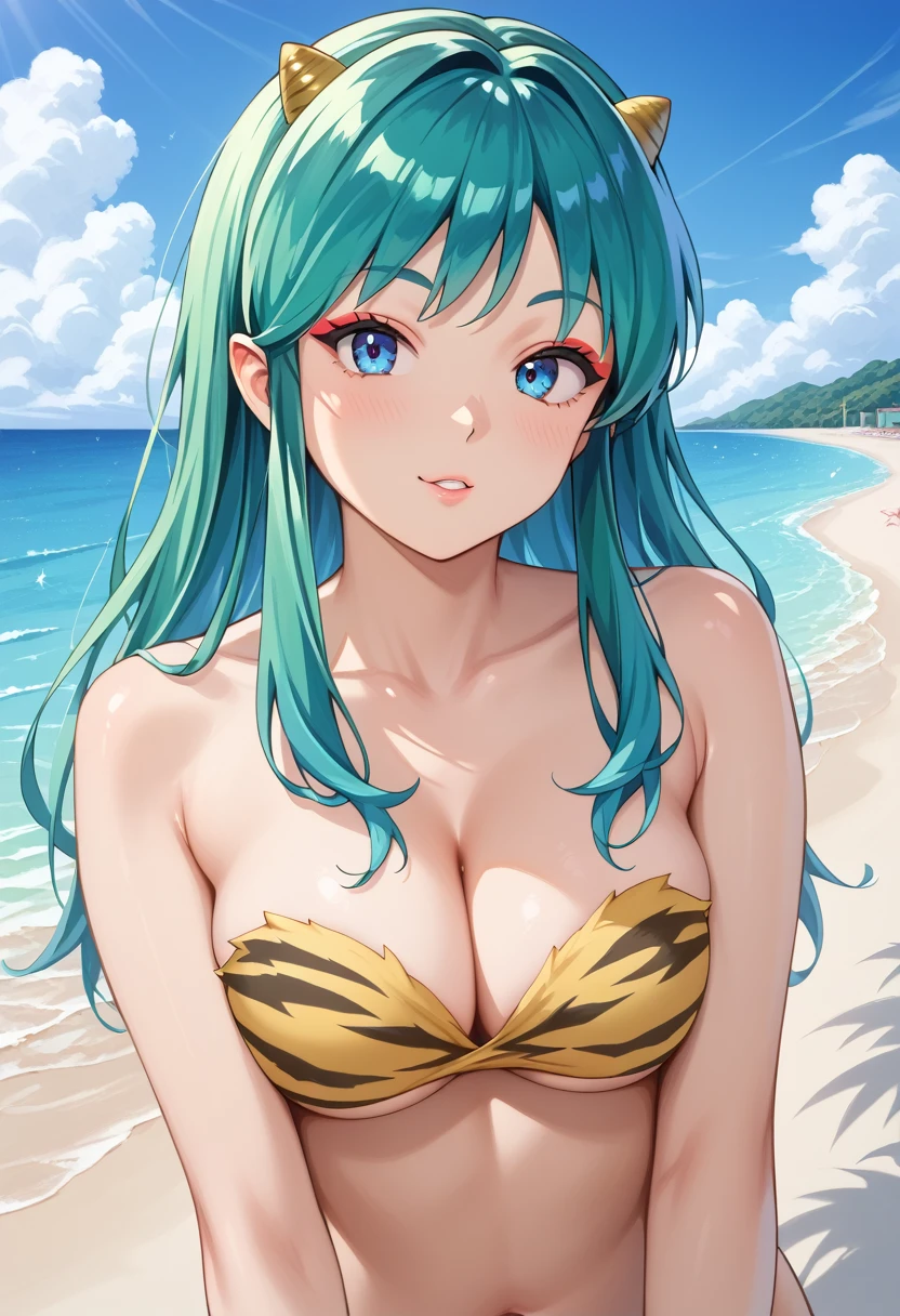 best quality, (masterpiece),(ultra-detailed), (high quality), (high resolution), lum, 1girl, solo, long hair,big breasts, blue eyes, cleavage, medium breasts, swimsuit,  bikini, green hair, horns, strapless, makeup,  animal print, eyeshadow, oni horns, oni,  tiger print, strapless bikini, anime coloring. (( naked)).nsfw、upper body、big breast、beach、Solar