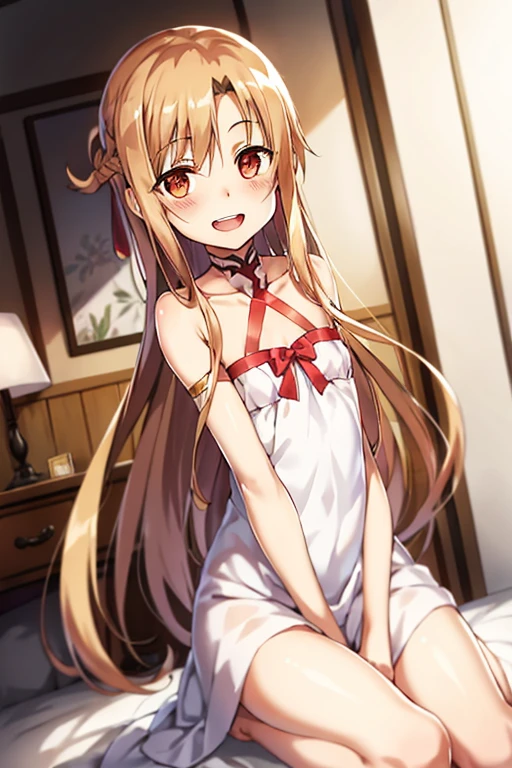 ((Best Quality)), ((masterpiece)), (be familiar with),  perfect face, indoor, bedroom,  watching viewers ,
One woman, Yuuki Asuna,
 characters with open mouth ,  ecstatic expression, blush, smile,
Small breasts,  flat chest, , ,  kids, Girl,
Long Hair,  long hair ,
Leg spread,