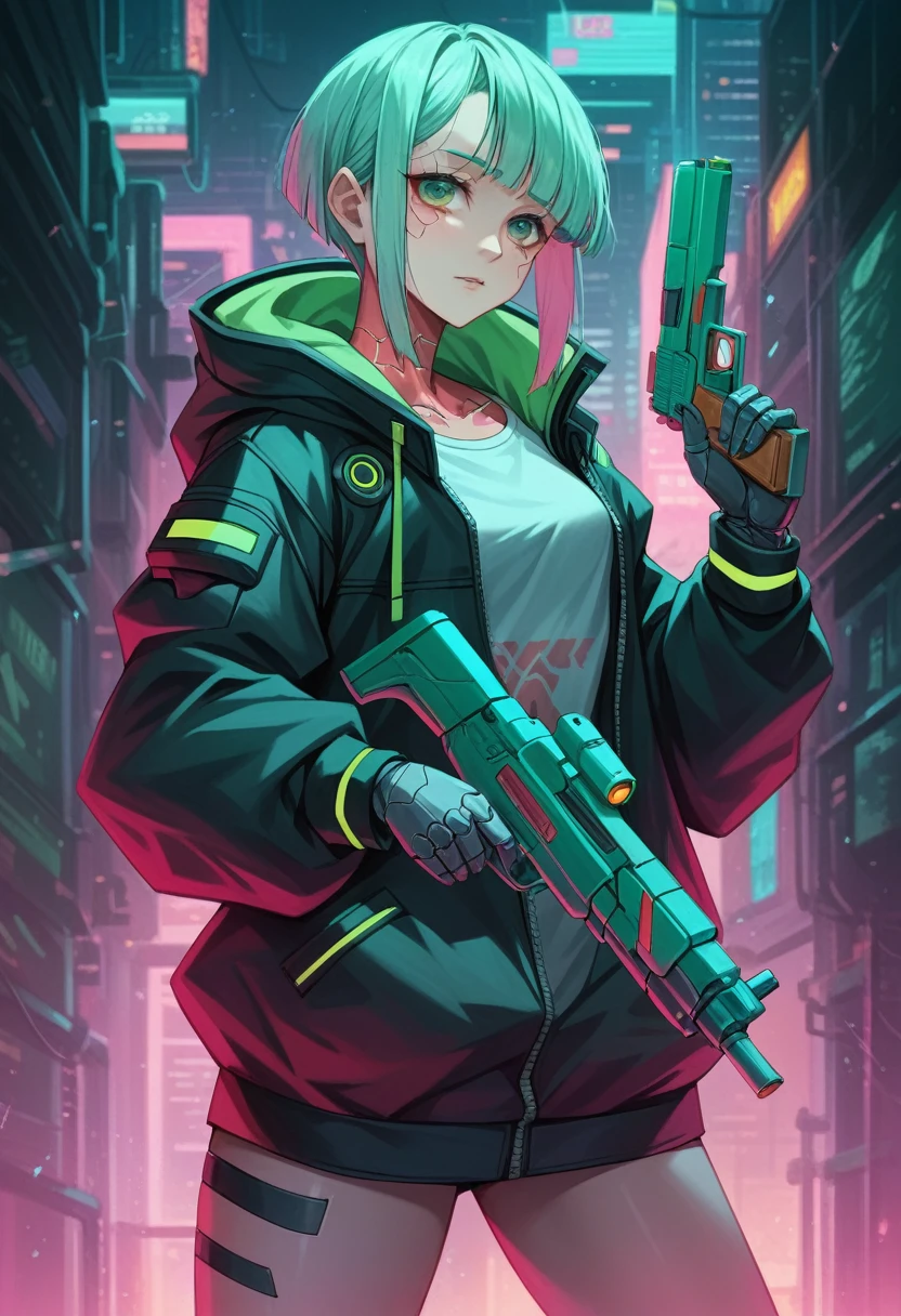 a woman with green eyes and a black jacket holding a gun, anime cyberpunk art, cyberpunk anime girl, best anime 4k konachan wallpaper, cyberpunk anime girl mech, female cyberpunk anime girl, cyberpunk anime art, anime style 4 k, digital cyberpunk anime art, cyberpunk anime girl in hoodie, anime wallpaper 4k, anime wallpaper 4 k, anime cyberpunk
