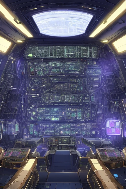 The inside view of a space ship's control bridge of the Space Dimensional Fortress 1 (SDF-1) {Macross} {Macross: Do You Remember Love}, blinking lights, large view screens, panels, technical controls, radar, ECDIS (electronic chart display information), seats, vid-monitors, array of technical navigation equipment, large bay windows, the control bridge from the inside of space ship, traveling through deep space