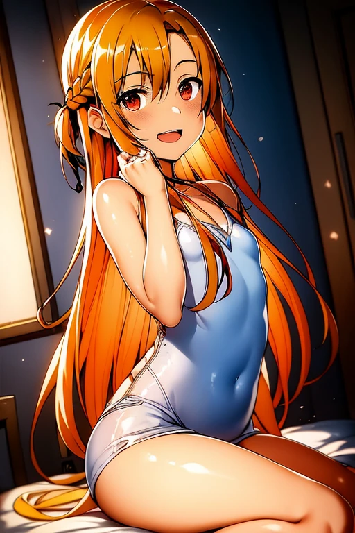 ((Best Quality)), ((masterpiece)), (be familiar with),  perfect face, indoor, bedroom,  watching viewers ,
One woman, Yuuki Asuna,
 characters with open mouth ,  ecstatic expression, blush, smile,
Small breasts,  flat chest, , ,  kids, Girl,
Long Hair,  long hair ,
Leg spread,