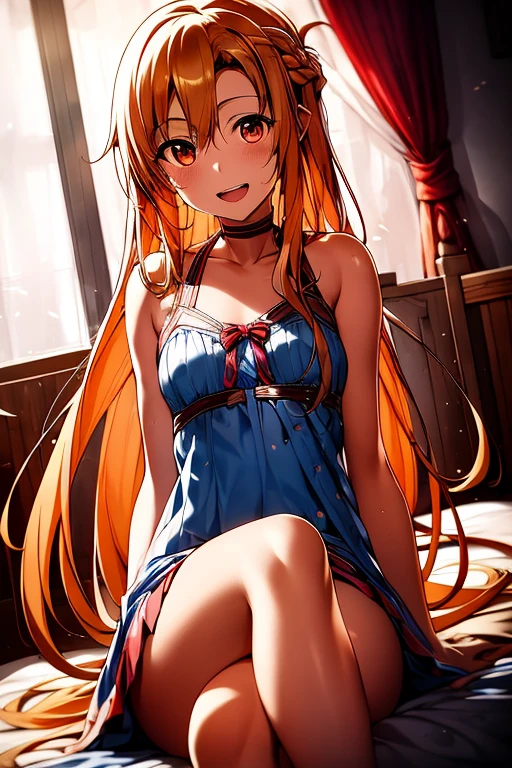 ((Best Quality)), ((masterpiece)), (be familiar with),  perfect face, indoor, bedroom,  watching viewers ,
One woman, Yuuki Asuna,
 characters with open mouth ,  ecstatic expression, blush, smile,
Small breasts,  flat chest, , ,  kids, Girl,
Long Hair,  long hair ,
Leg spread,