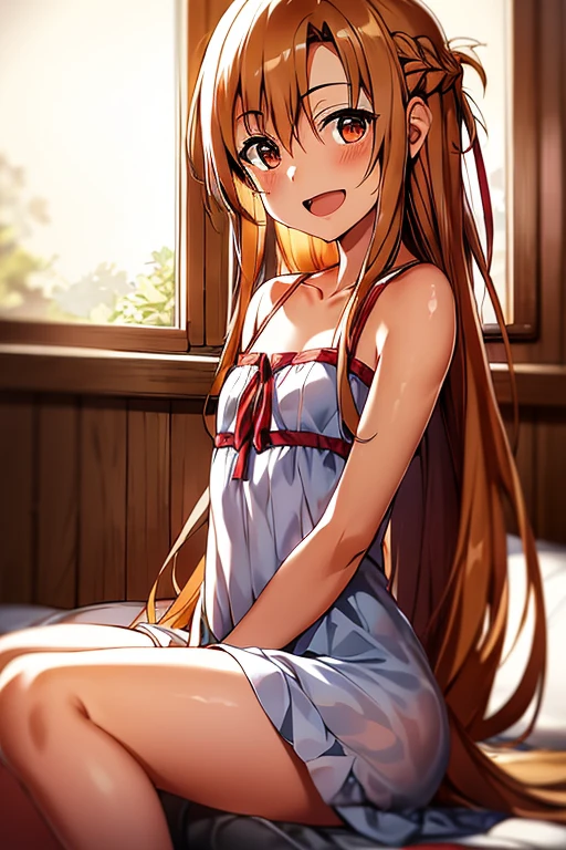 ((Best Quality)), ((masterpiece)), (be familiar with),  perfect face, indoor, bedroom,  watching viewers ,
One woman, Yuuki Asuna,
 characters with open mouth ,  ecstatic expression, blush, smile,
Small breasts,  flat chest, , ,  kids, Girl,
Long Hair,  long hair ,
Leg spread,