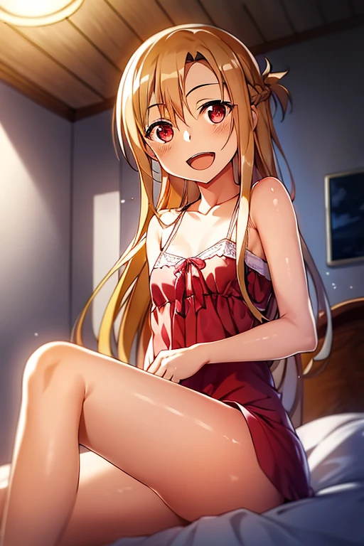 ((Best Quality)), ((masterpiece)), (be familiar with),  perfect face, indoor, bedroom,  watching viewers ,
One woman, Yuuki Asuna,
 characters with open mouth ,  ecstatic expression, blush, smile,
Small breasts,  flat chest, , ,  kids, Girl,
Long Hair,  long hair ,
Leg spread,