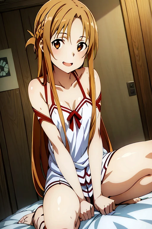 ((Best Quality)), ((masterpiece)), (be familiar with),  perfect face, indoor, bedroom,  watching viewers ,
One woman, Yuuki Asuna,
 characters with open mouth ,  ecstatic expression, blush, smile,
Small breasts,  flat chest, , ,  kids, Girl,
Long Hair,  long hair ,
Leg spread,