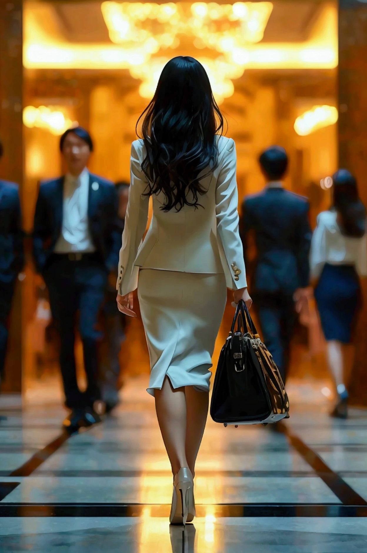 High resolution, a Japanese career woman on her way to work, a woman walking confidently through a very spacious entrance hall of a first-class company, people around her turn around in surprise, facing forward, gorgeous Japanese woman, tall, semi-long wavy hair, narrow, long, thin eyes, long eyebrows, exotic eyes, high heels, luxury suit, luxury bag, short skirt, attractive legs, many male employees turning around