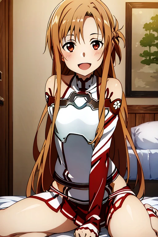 ((Best Quality)), ((masterpiece)), (be familiar with),  perfect face, indoor, bedroom,  watching viewers ,
One woman, Yuuki Asuna,
 characters with open mouth ,  ecstatic expression, blush, smile,
Small breasts,  flat chest, , ,  kids, Girl,
Long Hair,  long hair ,
Leg spread,